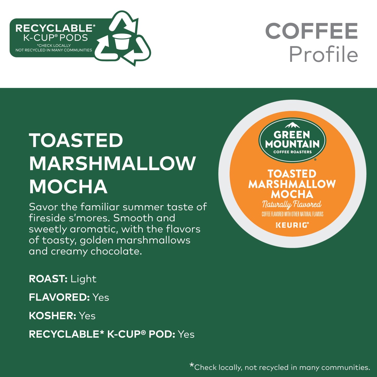 Green Mountain Coffee Roasters Toasted Marshmallow Mocha K-Cup Pods, Flavored Light Roast Coffee, 96 Count, Model 5000341982-96