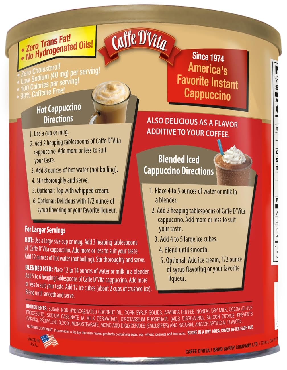 Caffe DVita Mocha Cappuccino Mix, Instant Gluten-Free Powder, 60oz Can