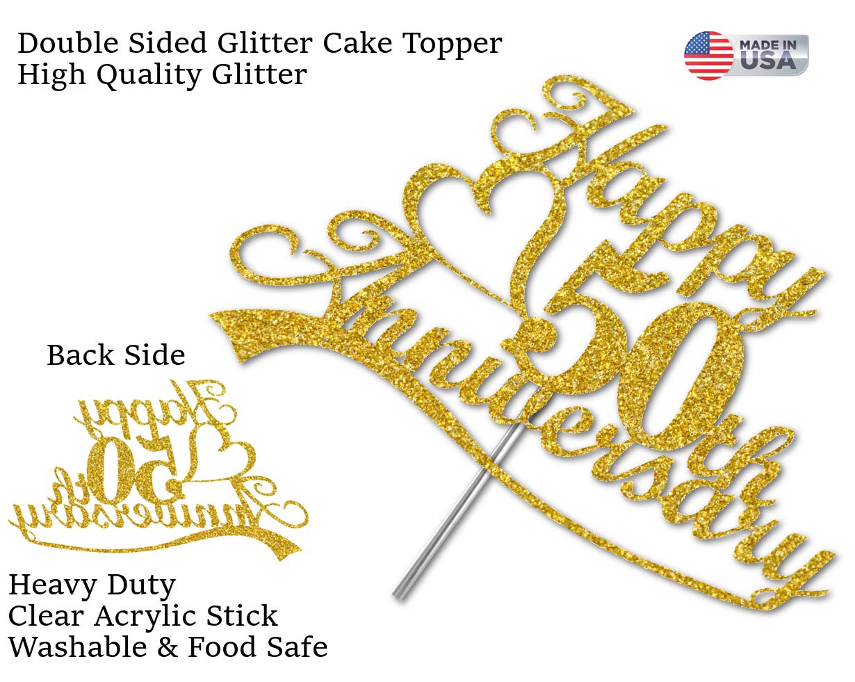 50Th Anniversary Cake Topper Gold Glitter, 50 Wedding Anniversary Party Decoration Ideas, Premium Quality, Sturdy Doubled Sided