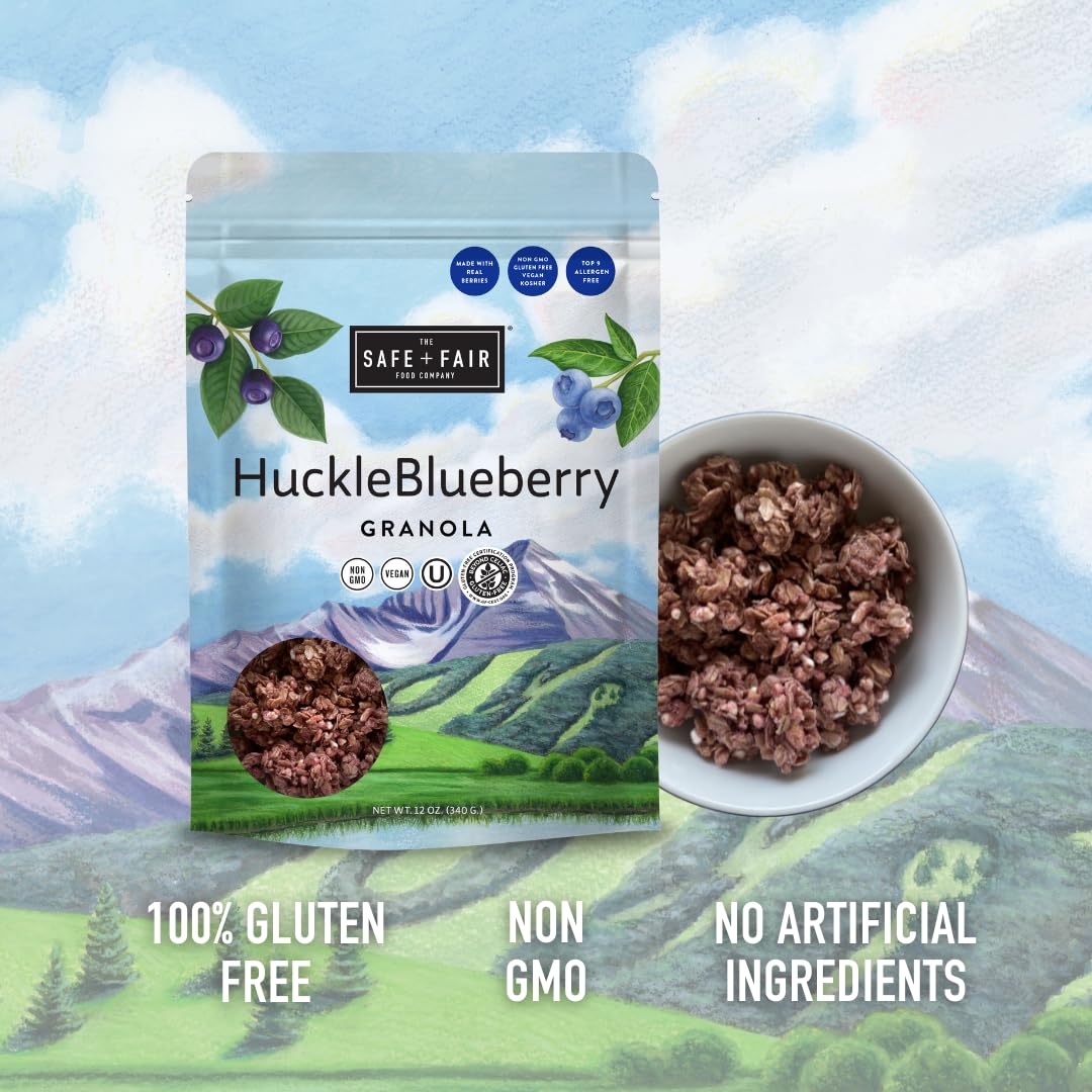 Safe + Fair Huckleblueberry Granola - Gluten-Free, Dairy-Free & Vegan Breakfast, Snack Or Dessert - Allergen-Free, Non-Gmo, And