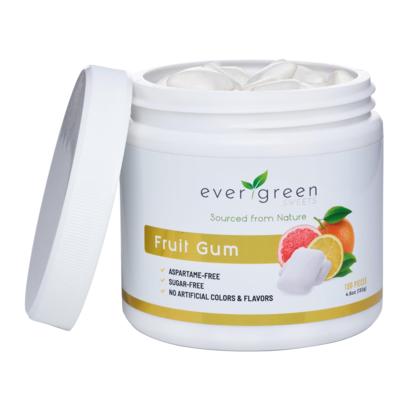 Evergreen Sweets Chewing Gum - Sugar-Free, Vegan - Tropical Fruit - 100 Pieces Jar