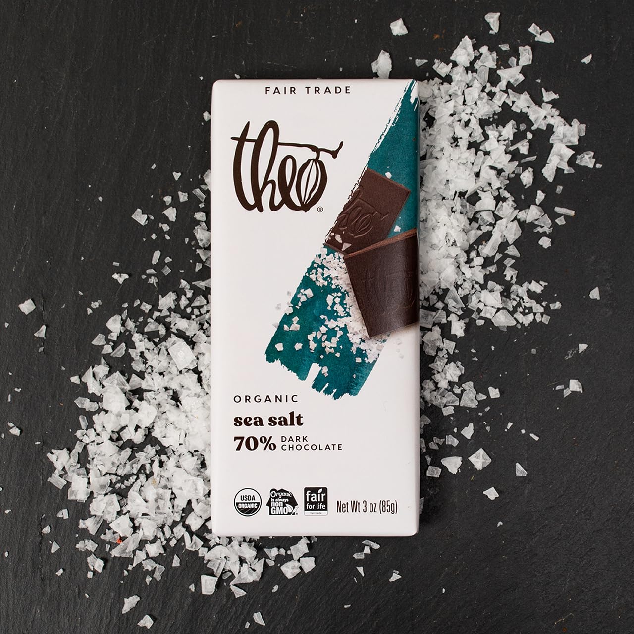 Theo Chocolate Sea Salt Organic Dark Chocolate Bar, 70% Cacao, 12 Pack | Vegan, Fair Trade