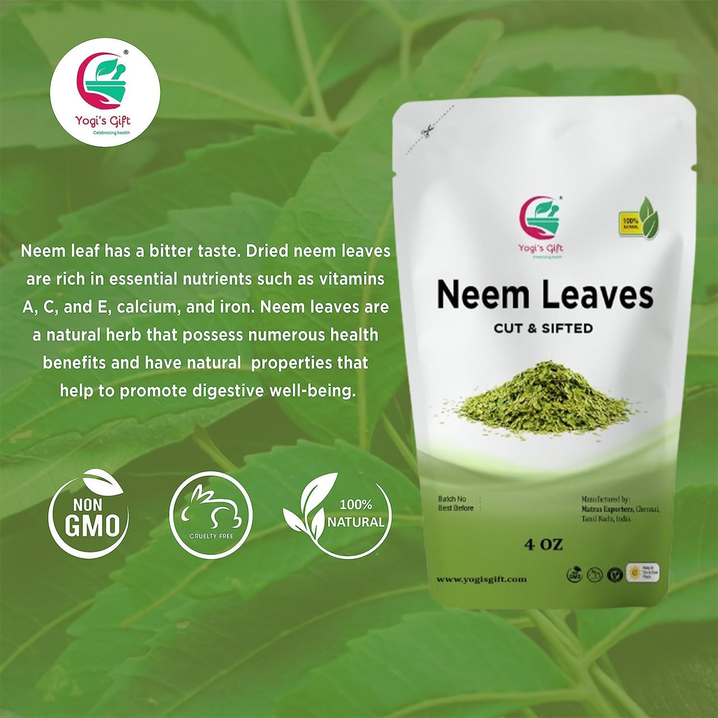 Neem Leaf Tea 4 oz | 100% Natural Detox, Cut & Sifted Azadirachta Indica | Non-GMO, Ethically Sourced | Yogi's Gift®