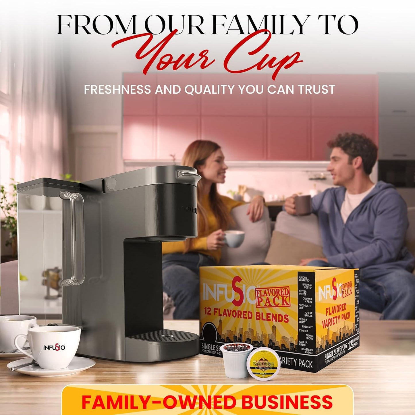 InfuSio Flavored Coffee Pods Variety Pack - 48 Count  12 Gourmet Medium Roast Dessert-Inspired Blends like Bananas Foster & Crme Brl?e  Compatible with Keurig K-Cup 2.0 malt-inspired