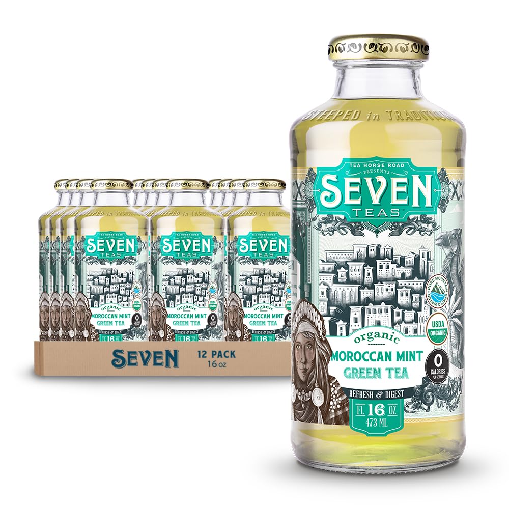 SevenTeas Organic Moroccan Mint Green Tea, Sugar Free, 16 Fl Oz Bottles, Pack of 12