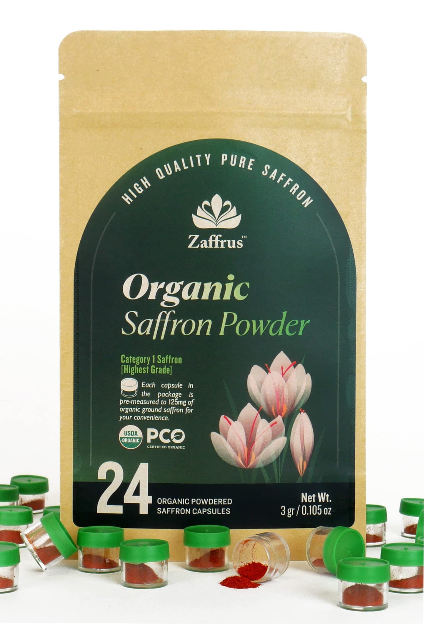 Zaffrus Organic Saffron Powder for Cooking - 24 Count (3g/.105 Oz)