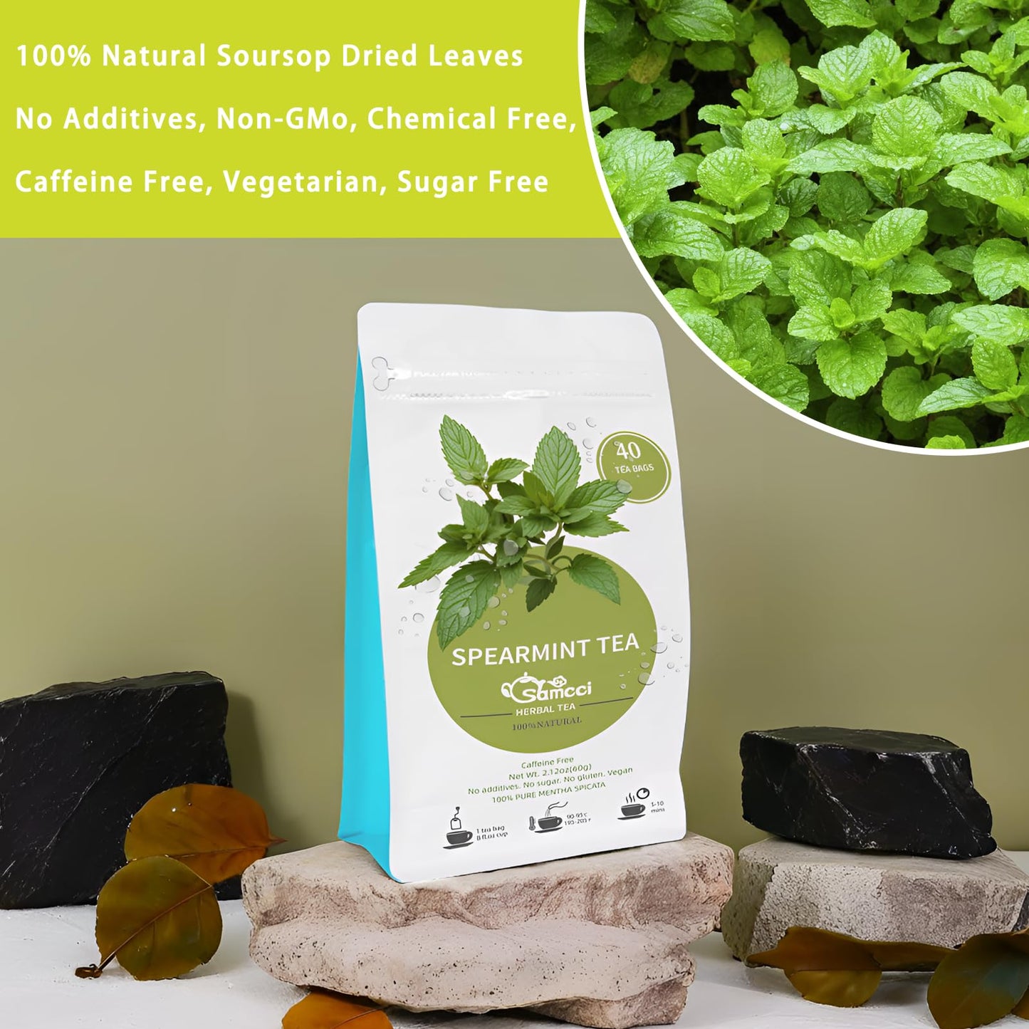 SAMCCI Spearmint Tea Bags - Pure Spearmint Leaves, Non-GMO, Caffeine-free, 40 Count