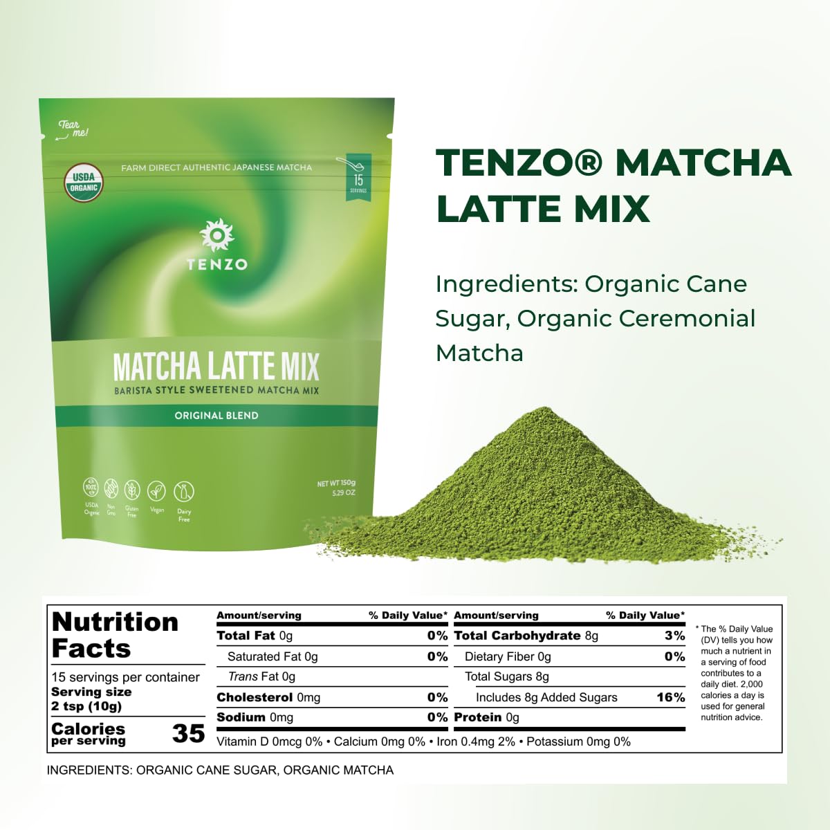 Tenzo Matcha Green Tea Powder, Organic Cafe Sweetened Matcha Latte Green Tea Powder, Ceremonial Barista Crafted Mix - Authentica