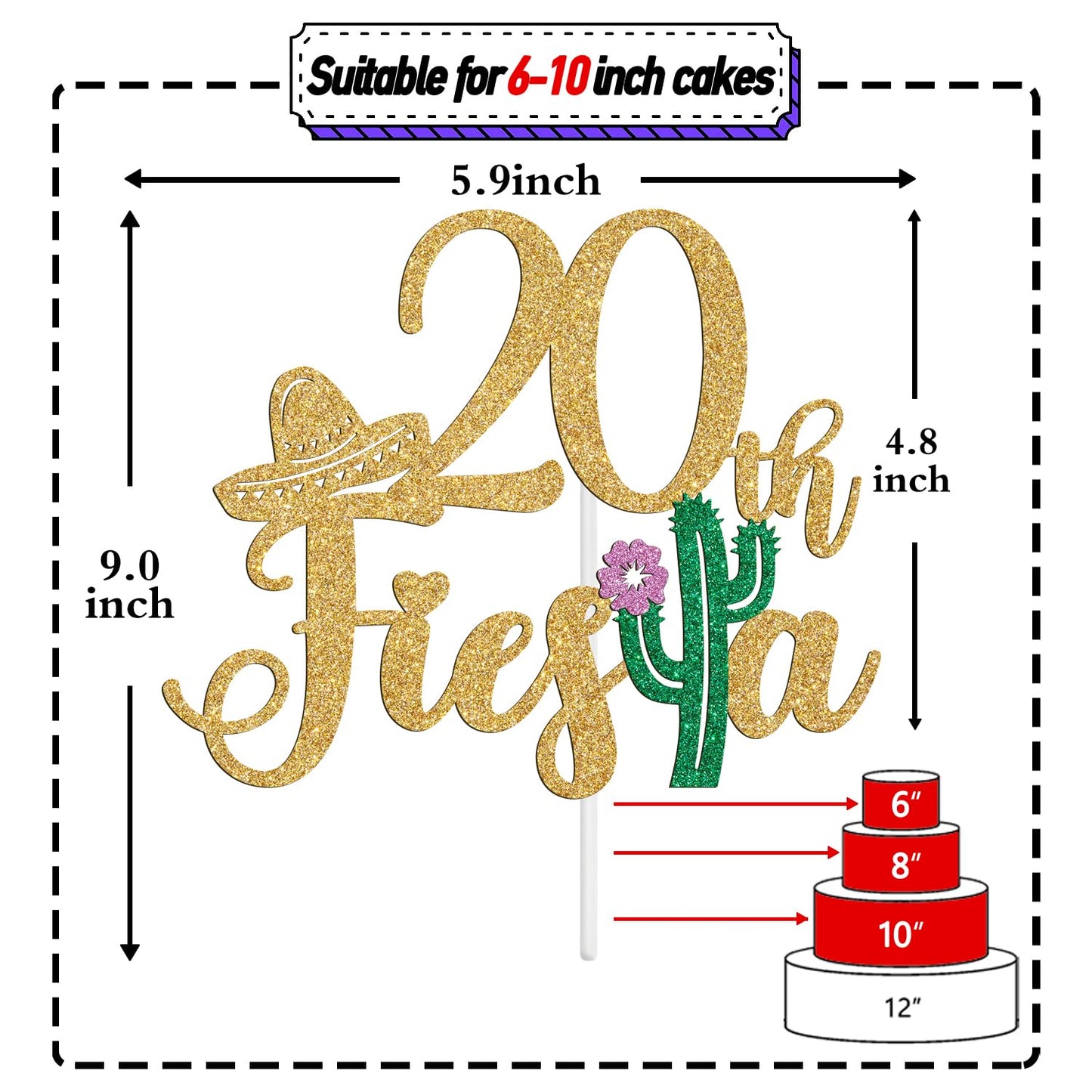 Tivurcia Fiesta 20th Cake Topper, Gold Tropical Birthday Decoration Supplies
