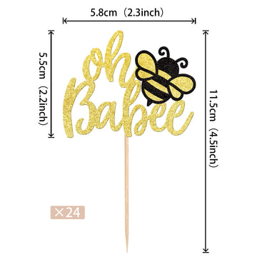 24 Pcs Oh Babee Cupcake Toppers Glitter Bumble Bee Cupcake Picks Oh Baby Cake Decorations For Bee Theme Baby Shower Kids Birthda
