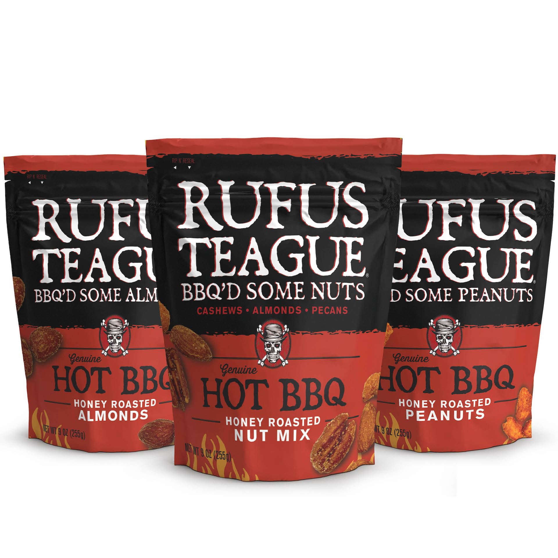 Rufus Teague Hot BBQ Variety Pack – Sweet, Spicy & Smoky Nuts, 9 oz Resealable Pouches, 3 Pack