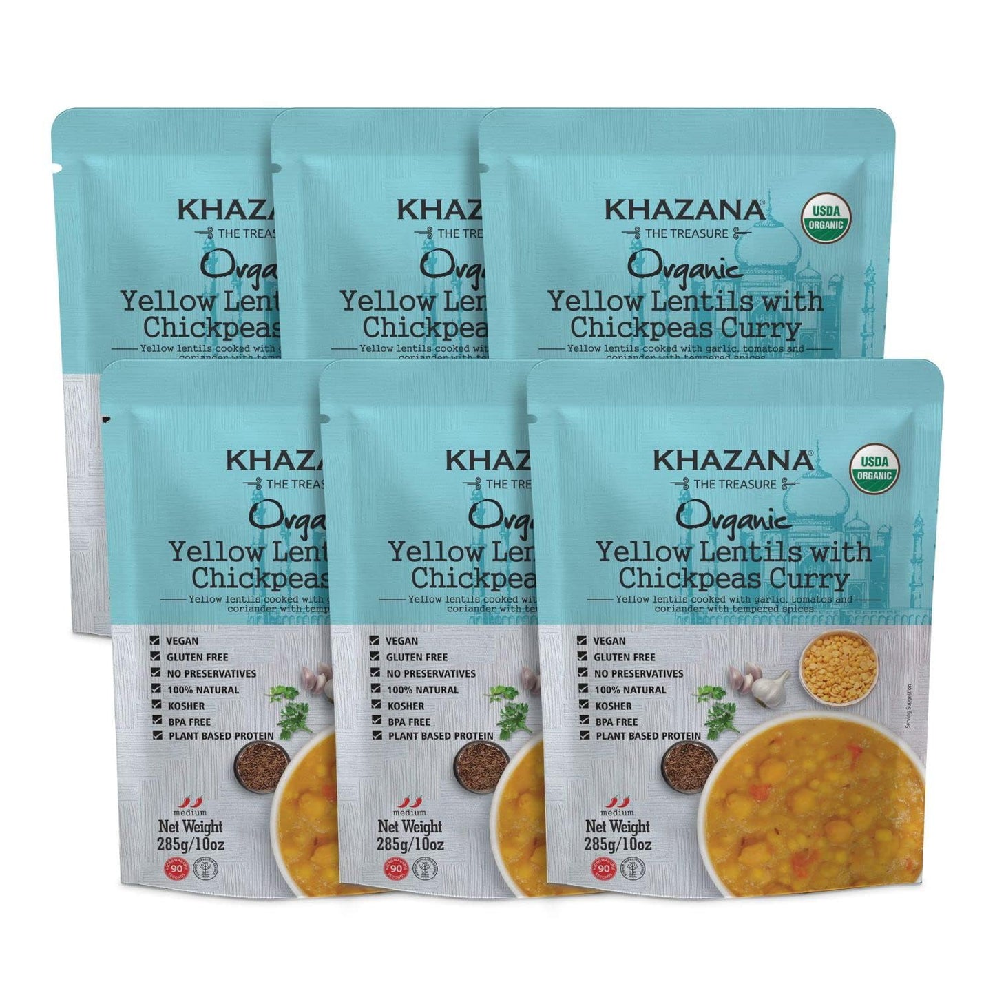 Khazana Organic Ready to Eat Meals Yellow Lentils with Chickpeas Curry (Pack of 6, 10oz Pouches) - Non-GMO, Vegan, Gluten Free &