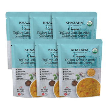 Khazana Organic Ready to Eat Meals Yellow Lentils with Chickpeas Curry (Pack of 6, 10oz Pouches) - Non-GMO, Vegan, Gluten Free &