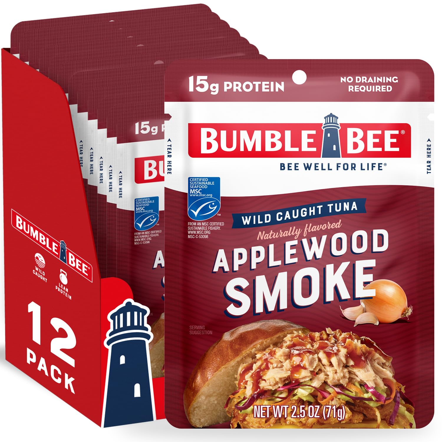 Bumble Bee Applewood Smoke Seasoned Tuna, 2.5 oz Pouches (Pack of 12) - Ready to Eat - Wild Caught Tuna Packet - 15g Protein per
