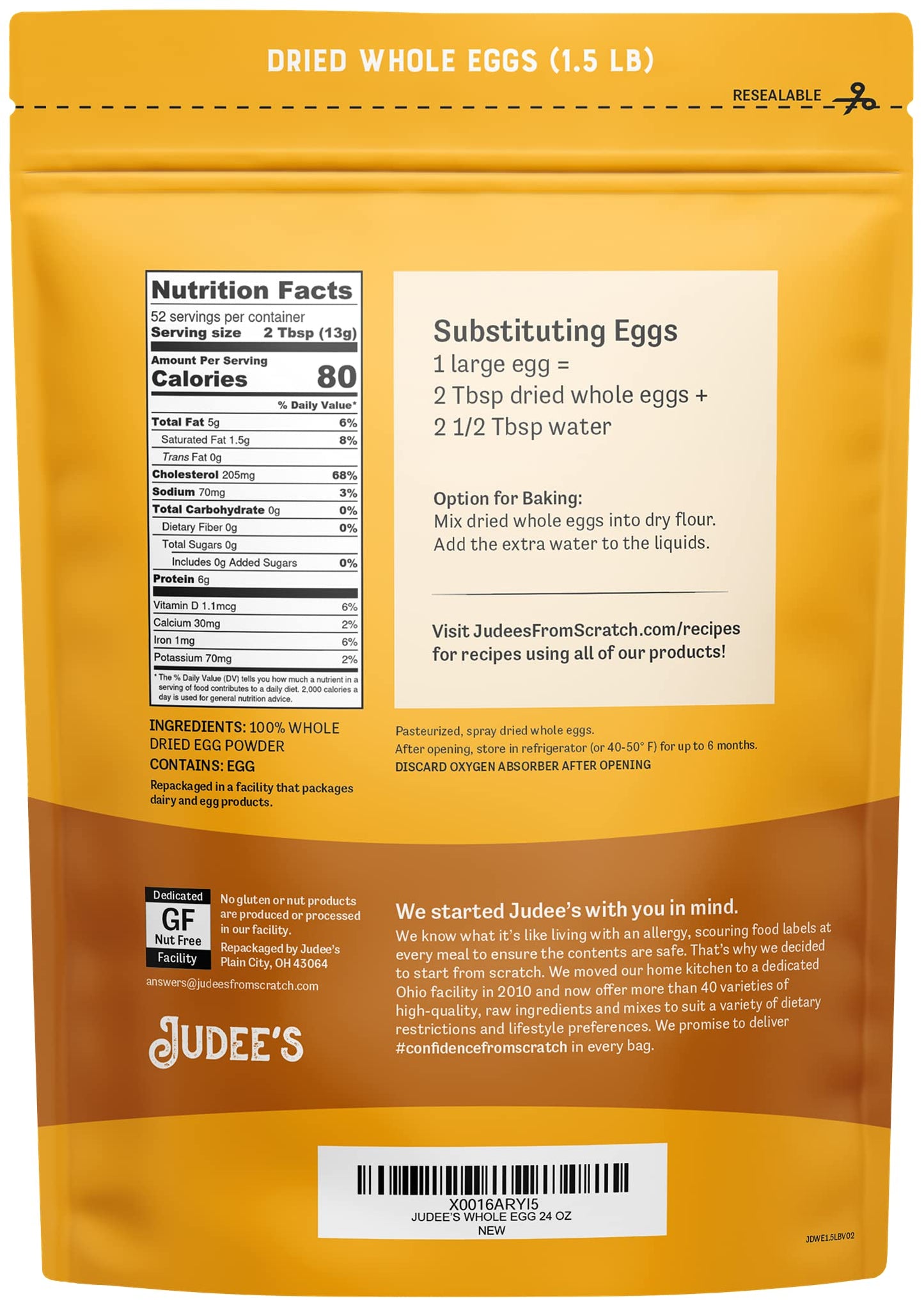 Judee s Gluten Free Dried Whole Egg Powder - Gluten-Free Egg Substitute for Baking - Protein Powder for Cooking - 1.5 lb Pouch