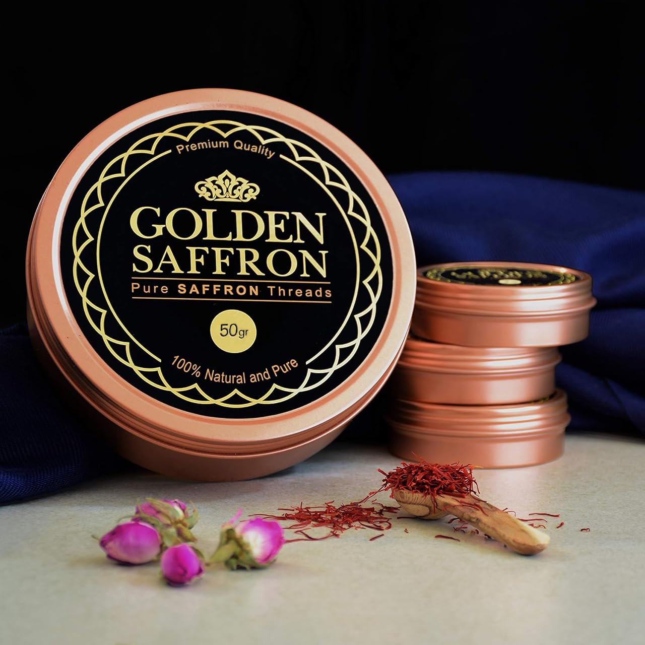 Golden Saffron  Finest Pure enhanced All Red Saffron Threads  Grade A+ Super Negin  Non-GMO Verified. For Tea  Paella  Rice  Desserts  Golden Milk and Risotto (50.0 Grams)