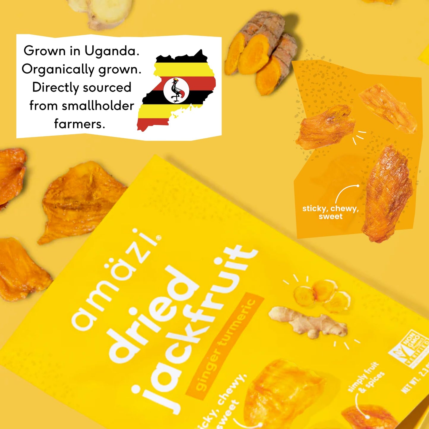 Amazi Foods, Dried Jackfruit, Ginger Turmeric, All Natural Snacks, (6 Pack)