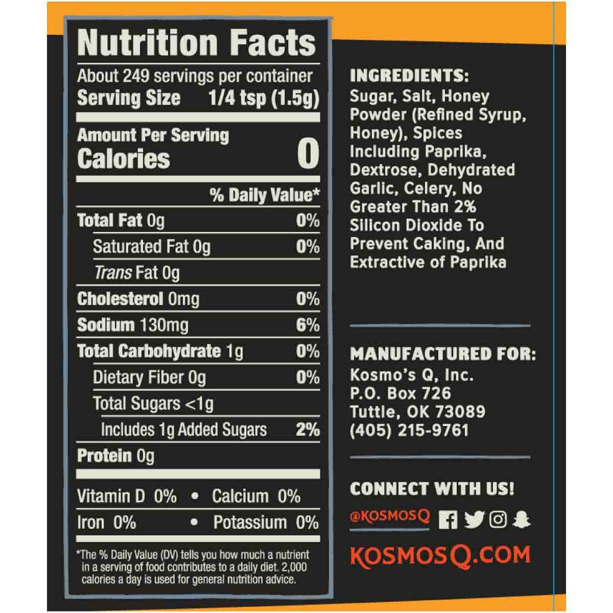 Kosmos Q BBQ Rub Seasoning - Savory & Sweet Honey for Pork, Poultry, Ribs & Seafood - 13.2 oz