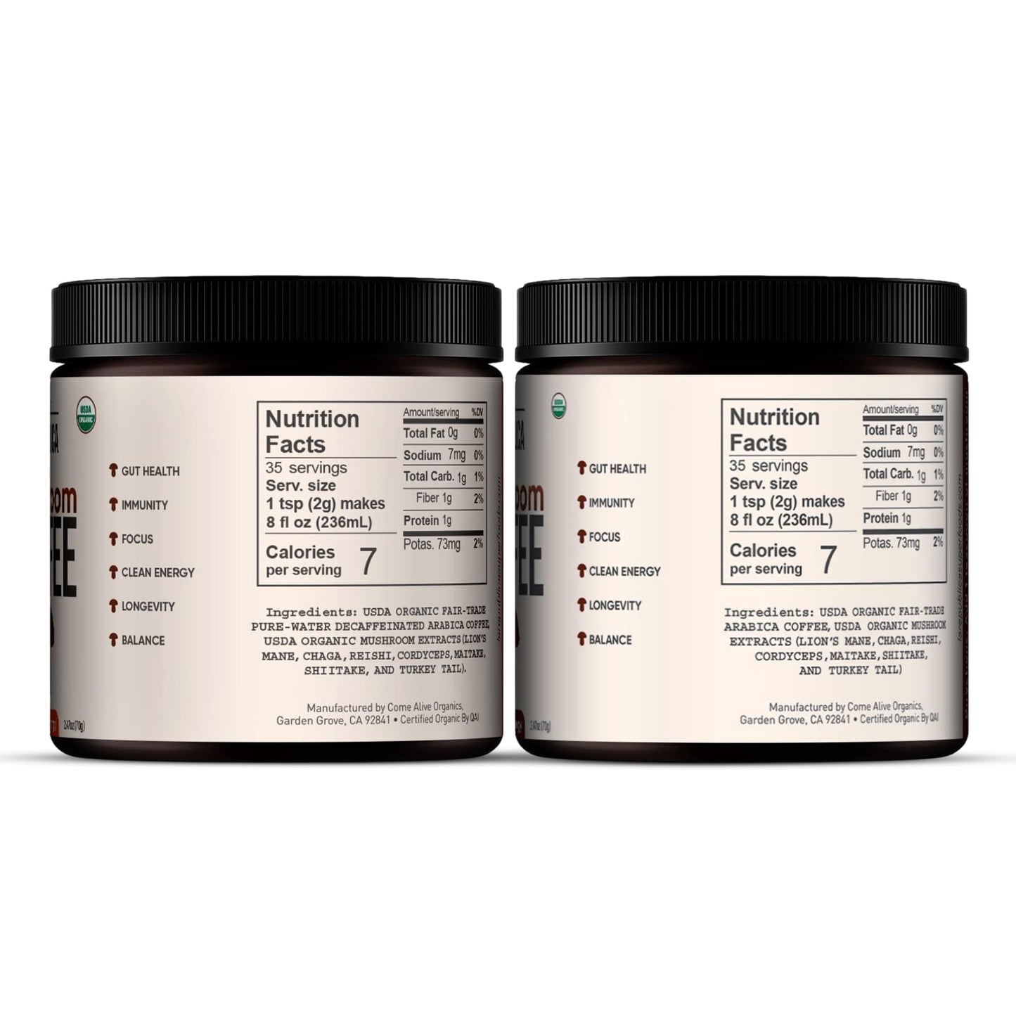 La Republica Organic Instant Mushroom Coffee (2.5Oz) + Decaf (2.5Oz) - 70 Servings With Coasters & Mixing Spoon - 100% Arabica W