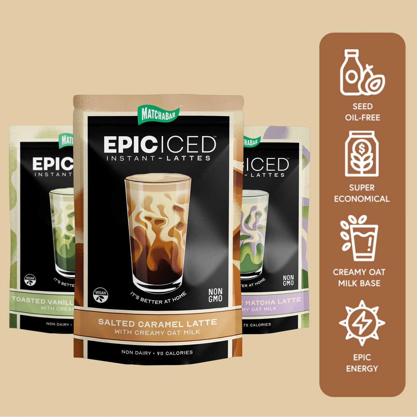 Matchabar Epic Iced Instant Latte Powder | Toasted Vanilla Matcha w/Oat Milk Base | Low Sugar, Non-Diary & Vegan Instant Iced Ma