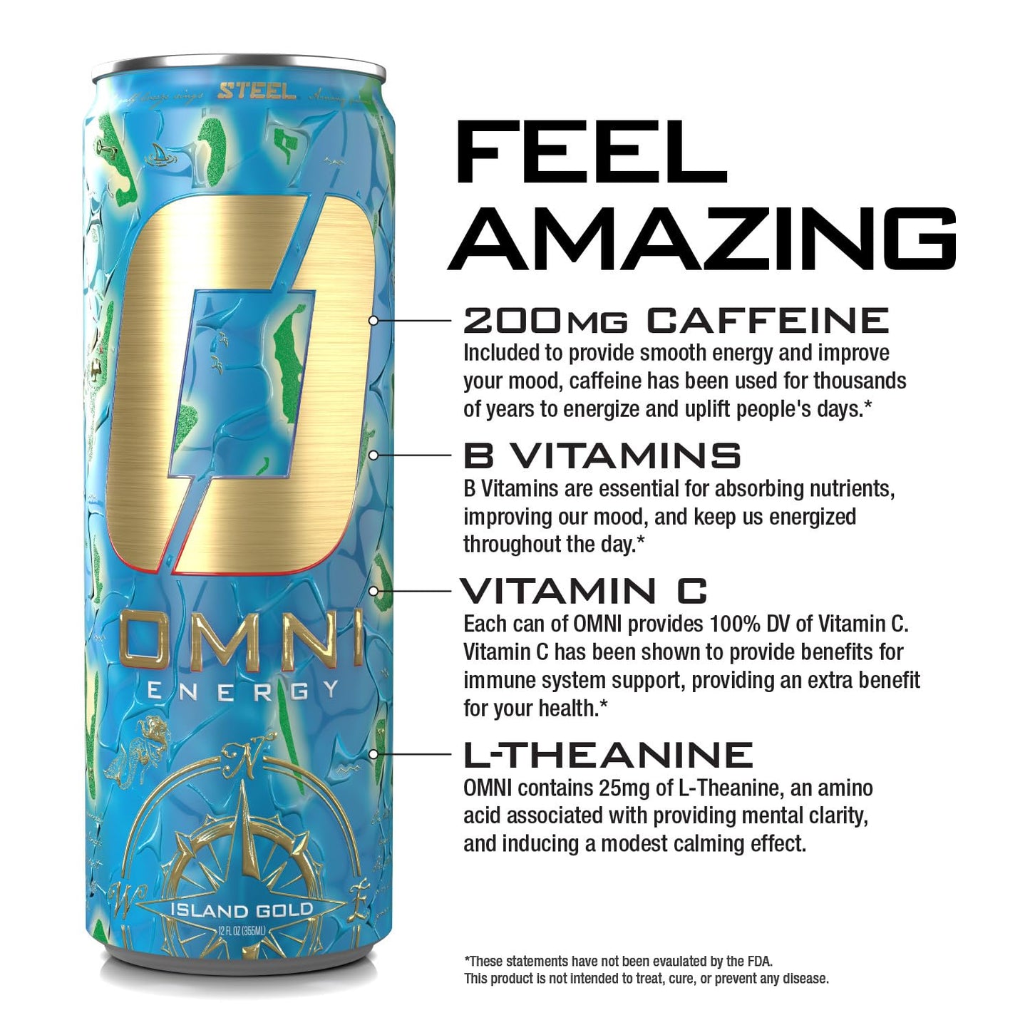 Steel dietary products OMNI Energy Drink - Island Gold, 12 Oz, Pack of 12, 200mg Caffeine, Sugar-Free, Low Calorie