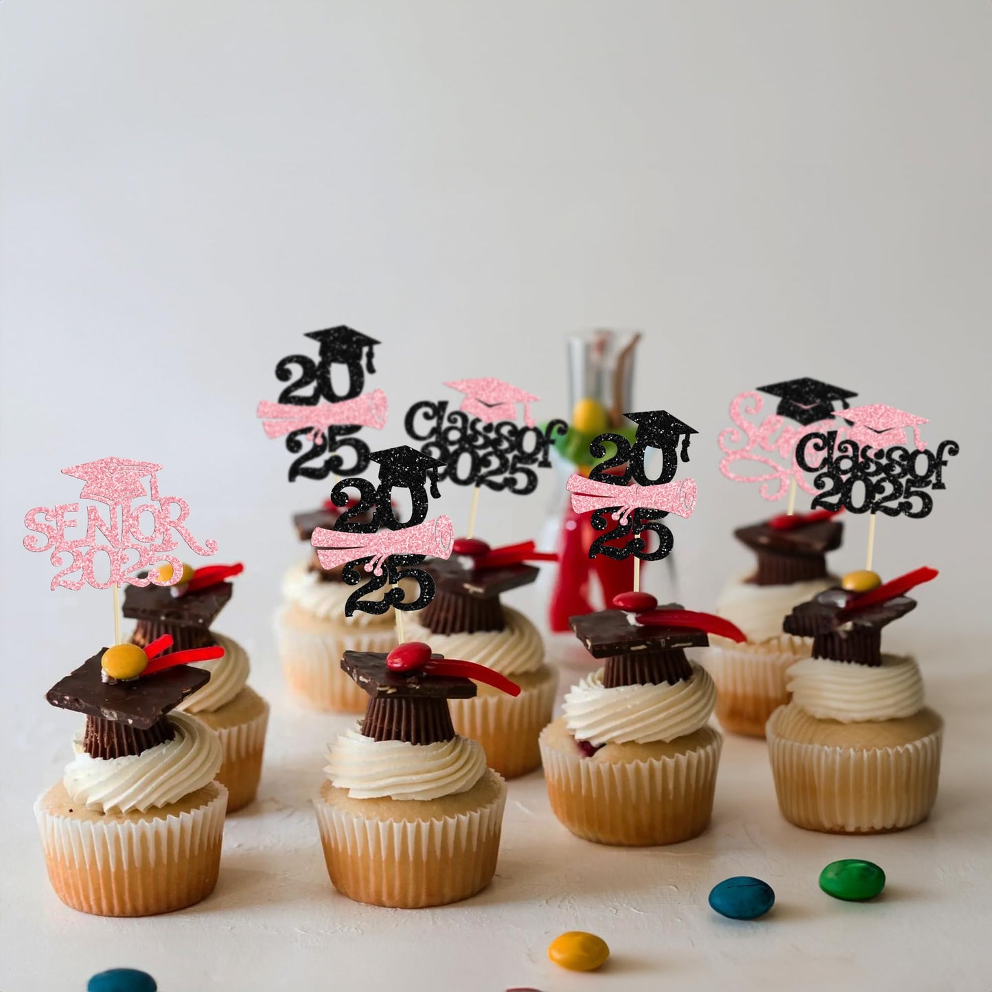 Gyufise 24Pcs Graduation Cupcake Toppers, Glitter Senior Class of 2025, Paper, Pink