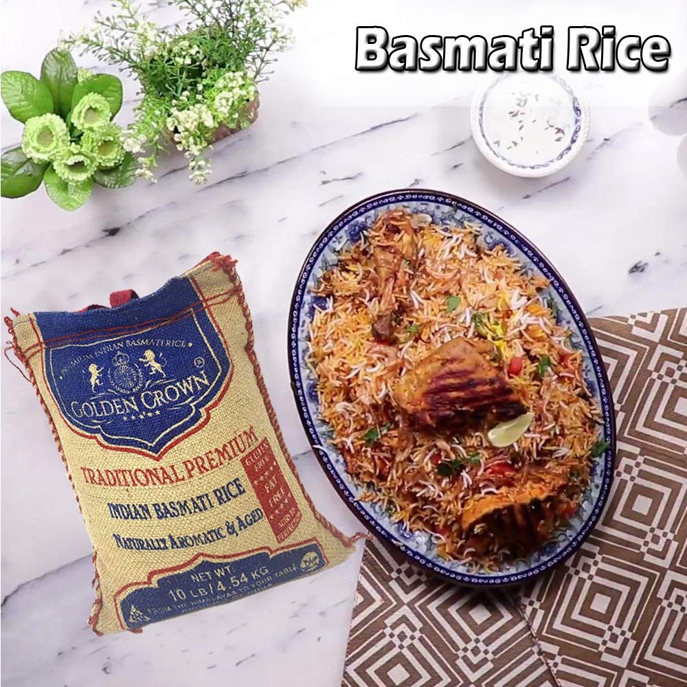 Golden Crown Basmati Rice - 10LB (160 oz) | Naturally Aromatic, Gluten-Free, Extra Long Grains, Vegan, Halal, Kosher