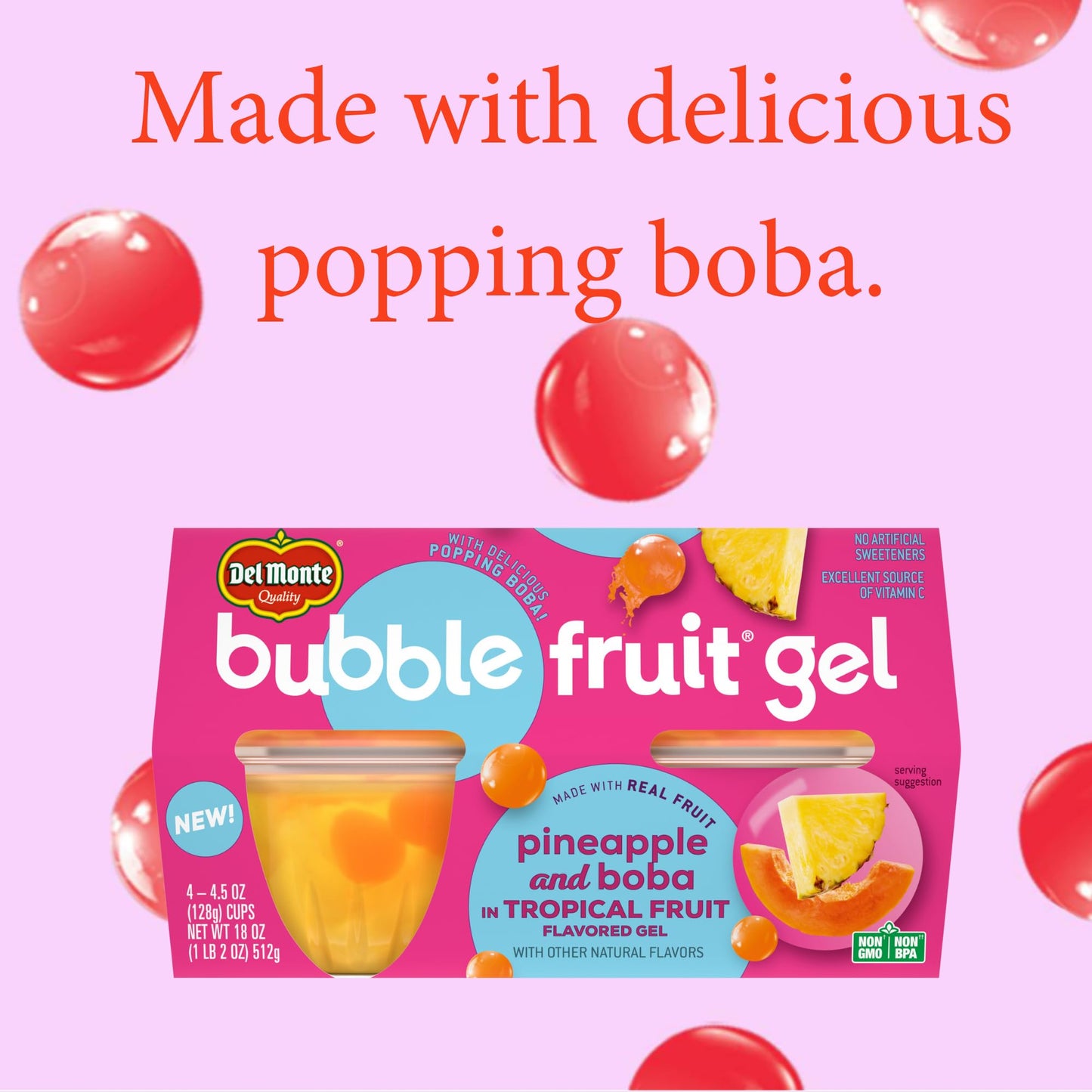 Del Monte Bubble Fruit Gel Pineapple and Boba in Tropical Fruit Flavored Gel, 4.5oz (24 Count) | Real Fruit & Popping Boba Pearl