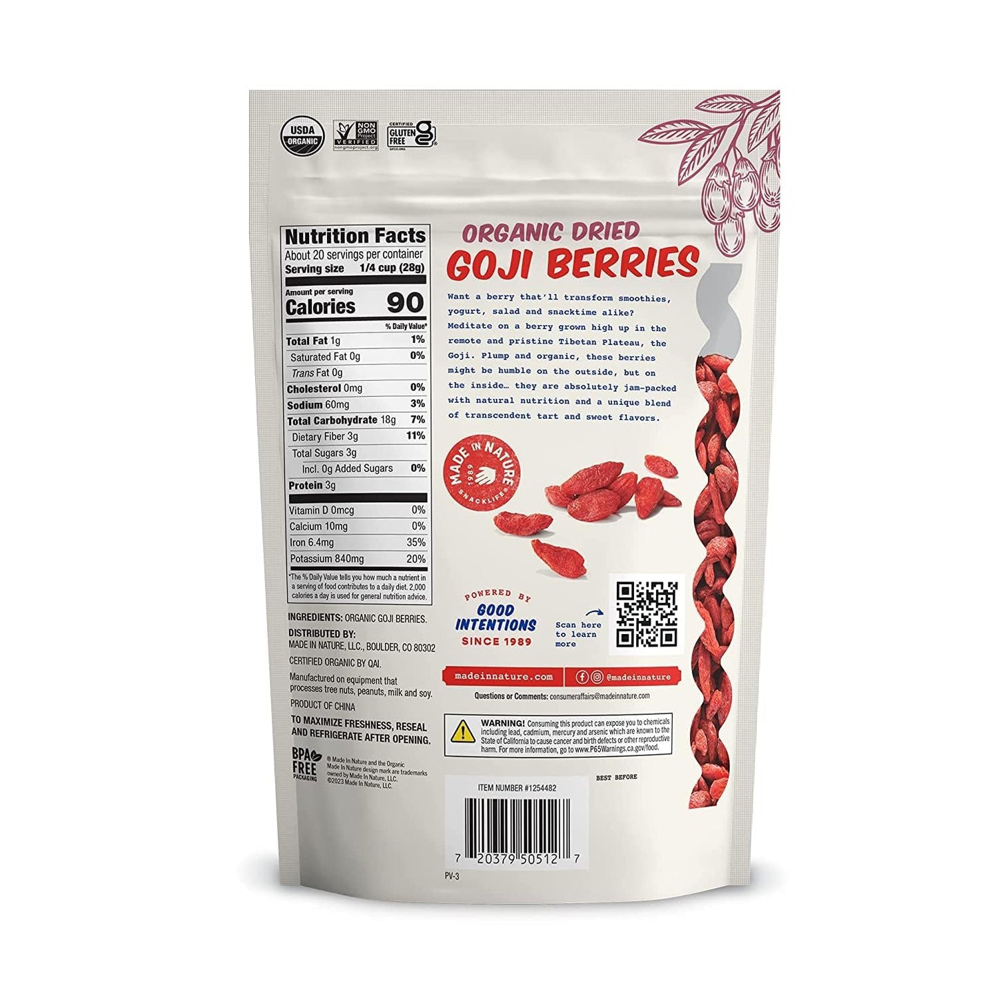 Made In Nature Organic Sun-Dried Goji Berries, 20 oz - Vegan, Non-GMO, Unsulfured, Gluten Free Snack, Perfect for Healthy Eating