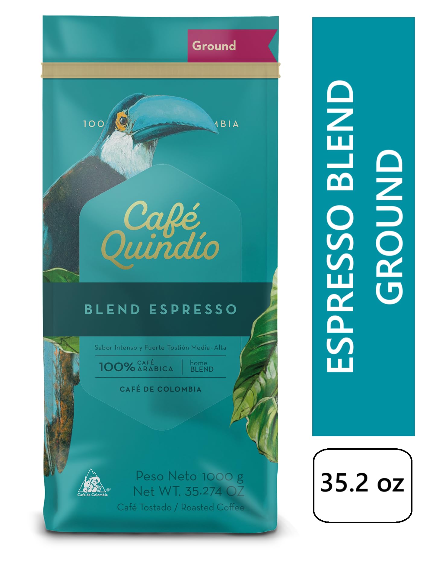 Cafe Quindio Espresso Blend - Medium/Dark Roast 100% Colombian Excelso Ground Arabica Coffee - 35.2 Ounce Bag (1Kg)