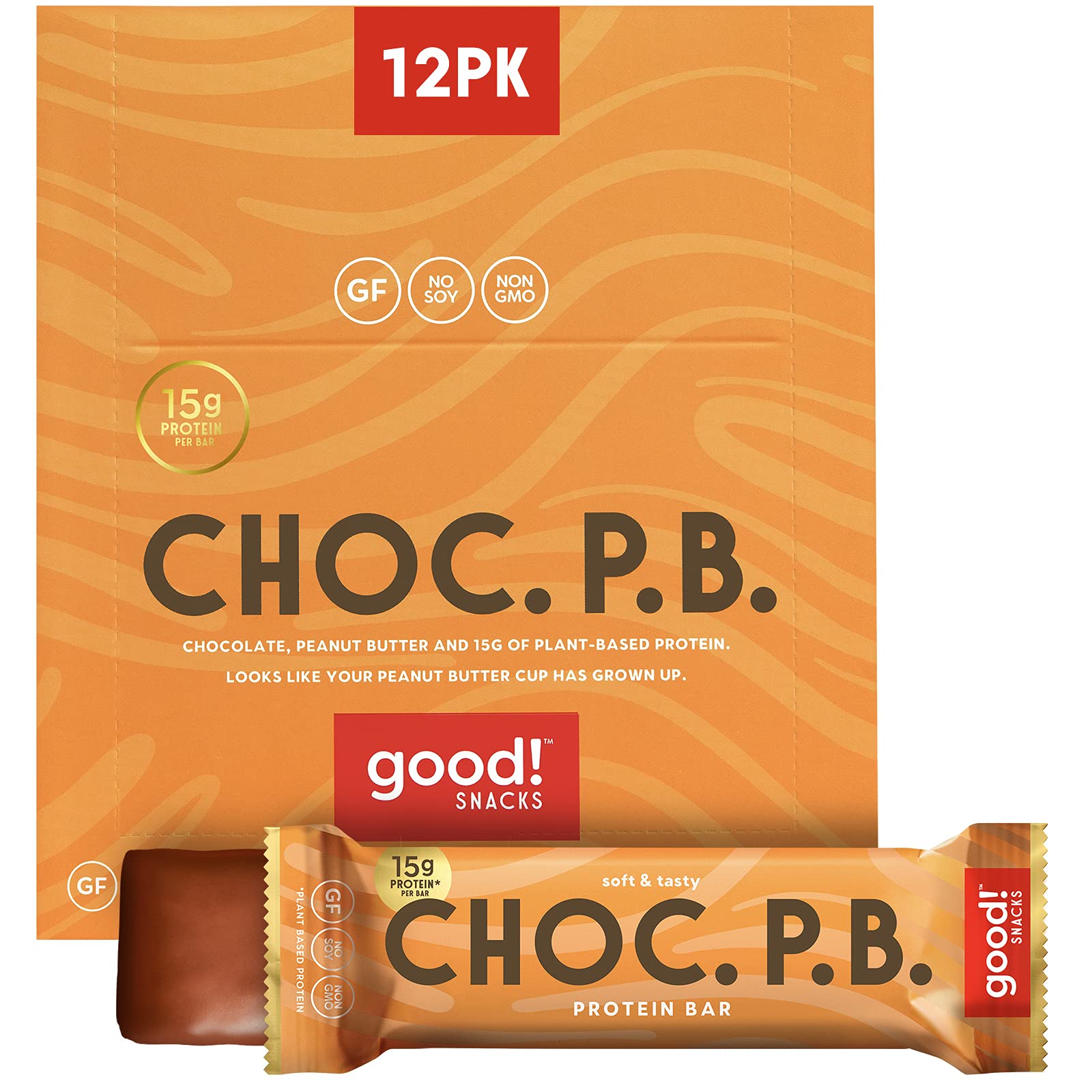Good! Snacks Vegan Chocolate Peanut Butter Protein Bar | Gluten-Free, Plant Based, Low Sugar, Kosher, Soy Free, Non Gmo | 15G Pr