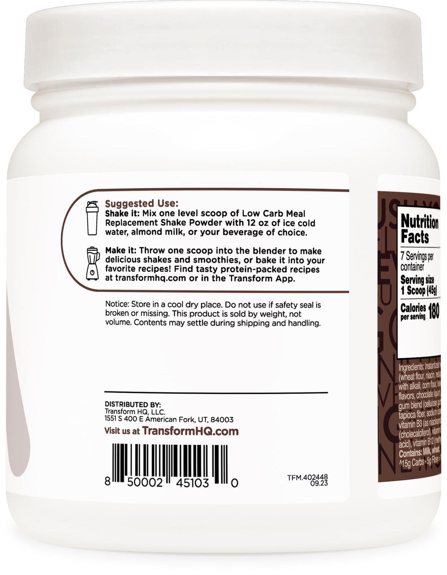 TransformHQ Meal Replacement Shake Powder, Cookies & Cream, Gluten Free, Non-GMO, 10 Ounce (Pack of 1), Model TFM-15085
