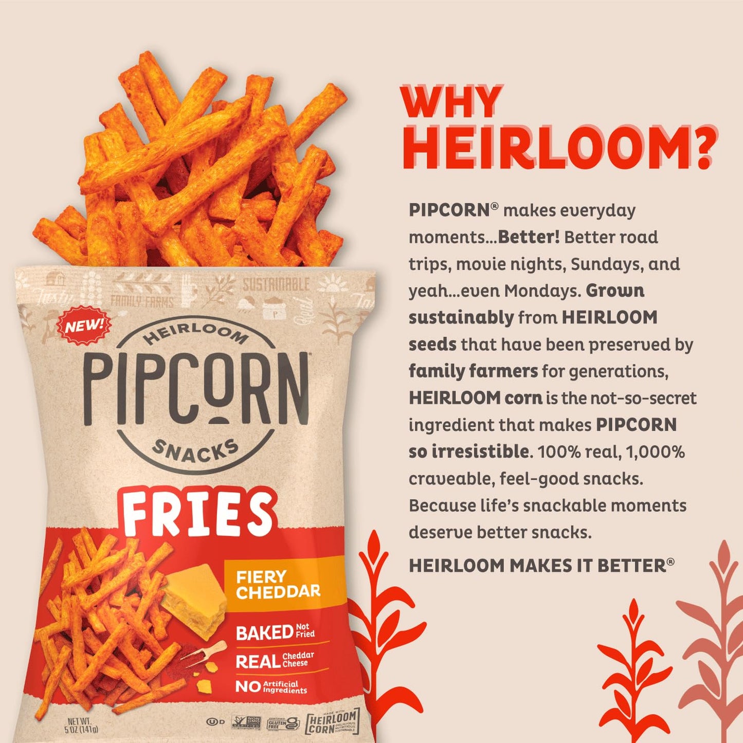 Heirloom Baked Fiery Cheddar Fries By Pipcorn - 1Oz 24Pk - Healthy Snacks, Gluten Free Snacks, Non-Gmo, Upcycled Heirloom Corn F