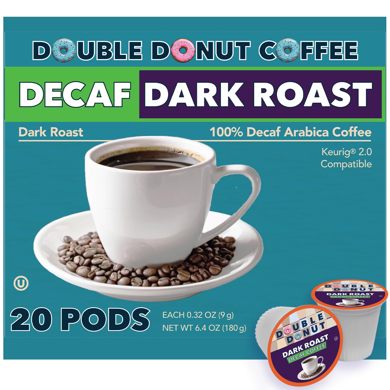Double Donut Coffee Decaf Dark Roast Pods, Extra Bold, Compatible with Keurig, 20 Count