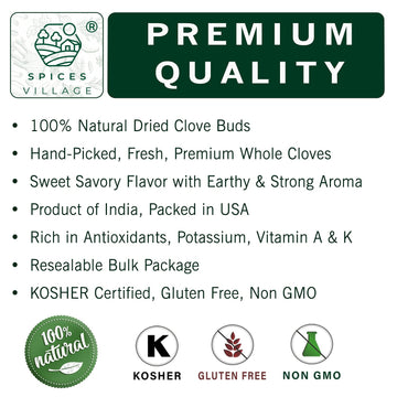 Spices Village Whole Cloves, All Natural Dried Clove Buds, 7 Ounce, Kosher, Gluten Free, Non GMO, Resealable Bulk Bag