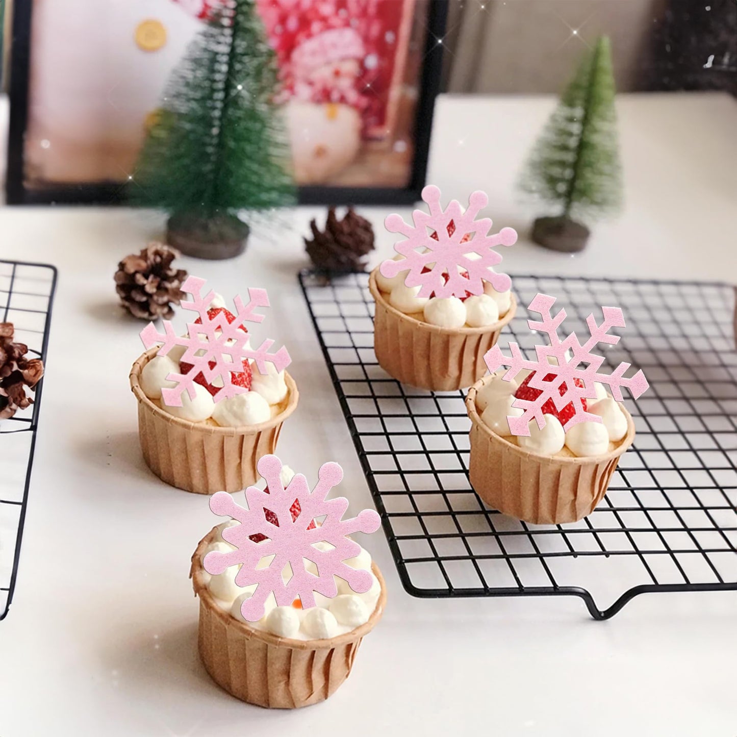 Gyufise Edible Snowflakes Cupcake Toppers - 60Pcs Wafer Paper Sprinkles for Christmas Winter - Pink