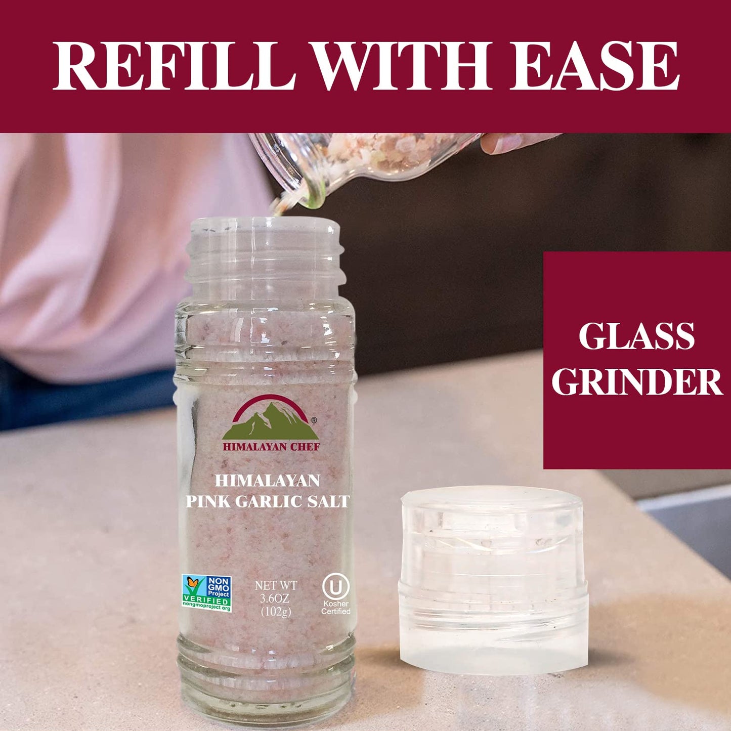 Himalayan Chef Himalayan Pink Garlic Salt, 3.6 Oz Grinder, Natural Seasoning, Clear