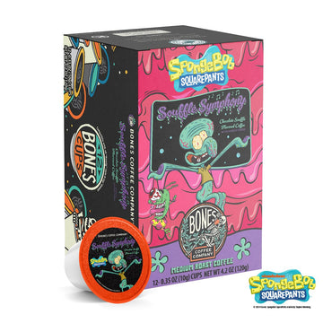 Bones Coffee Company Flavored Coffee Bones Cups Soufflé Symphony Flavored Pods Chocolate Soufflé Flavor | 12Ct Single-Serve Coffee Pods Spongebob Inspired Coffee