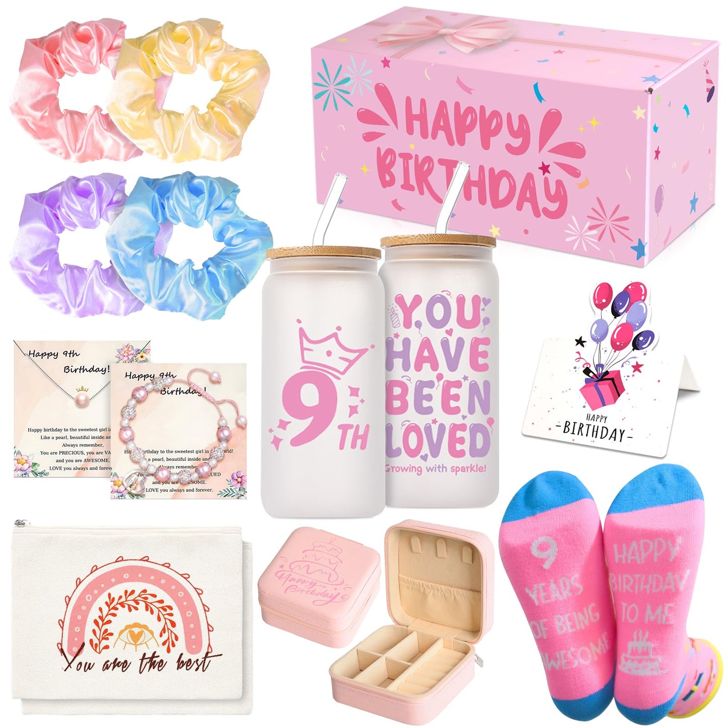 11-In-1 Birthday Gifts For 9 Year Old Girl, Unique 9 Year Old Girl Birthday Gifts Set With Cup, Jewelry, Hair Accessories & Decorations, Cool Gifts For 9 Year Old Girls