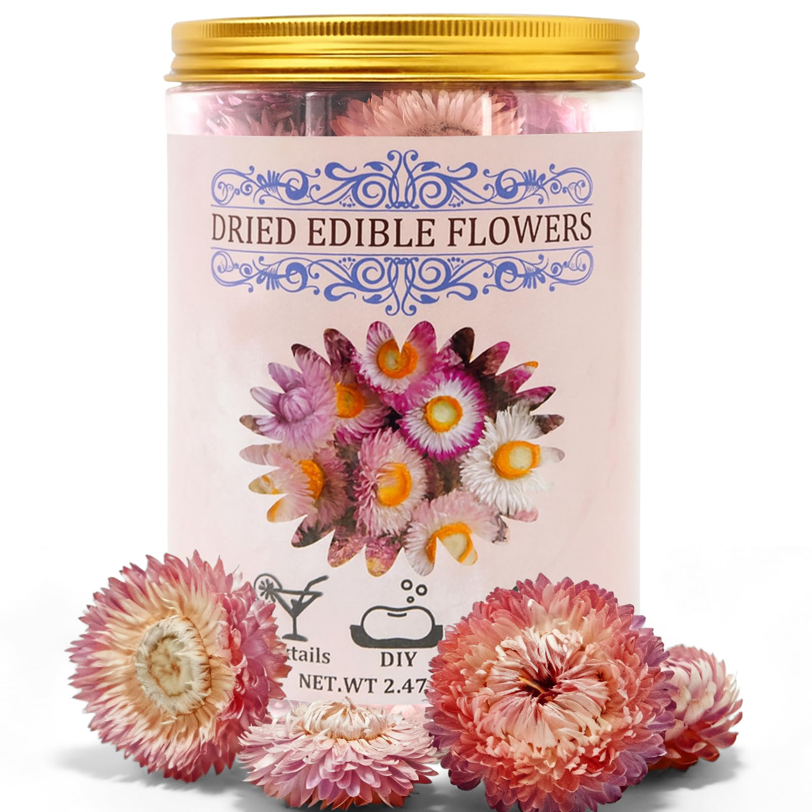 90+ Food Grade Pink Flowers For Cake And Mixed Flavors Decorating - Culinary-Grade Dried Pink & White Strawflowers For Garnish  Baking  And Drink Toppers