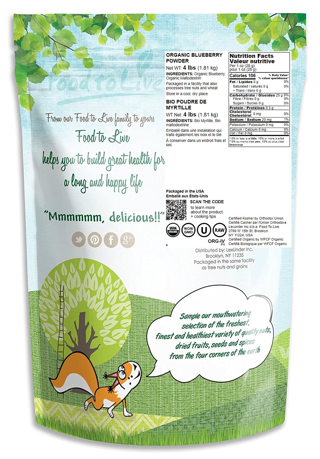Food to Live Organic Blueberry Powder, 4 Pounds - Non-GMO, Unsulfured, Raw, Vegan, Bulk, Great for Juices, Smoothies, and Instan