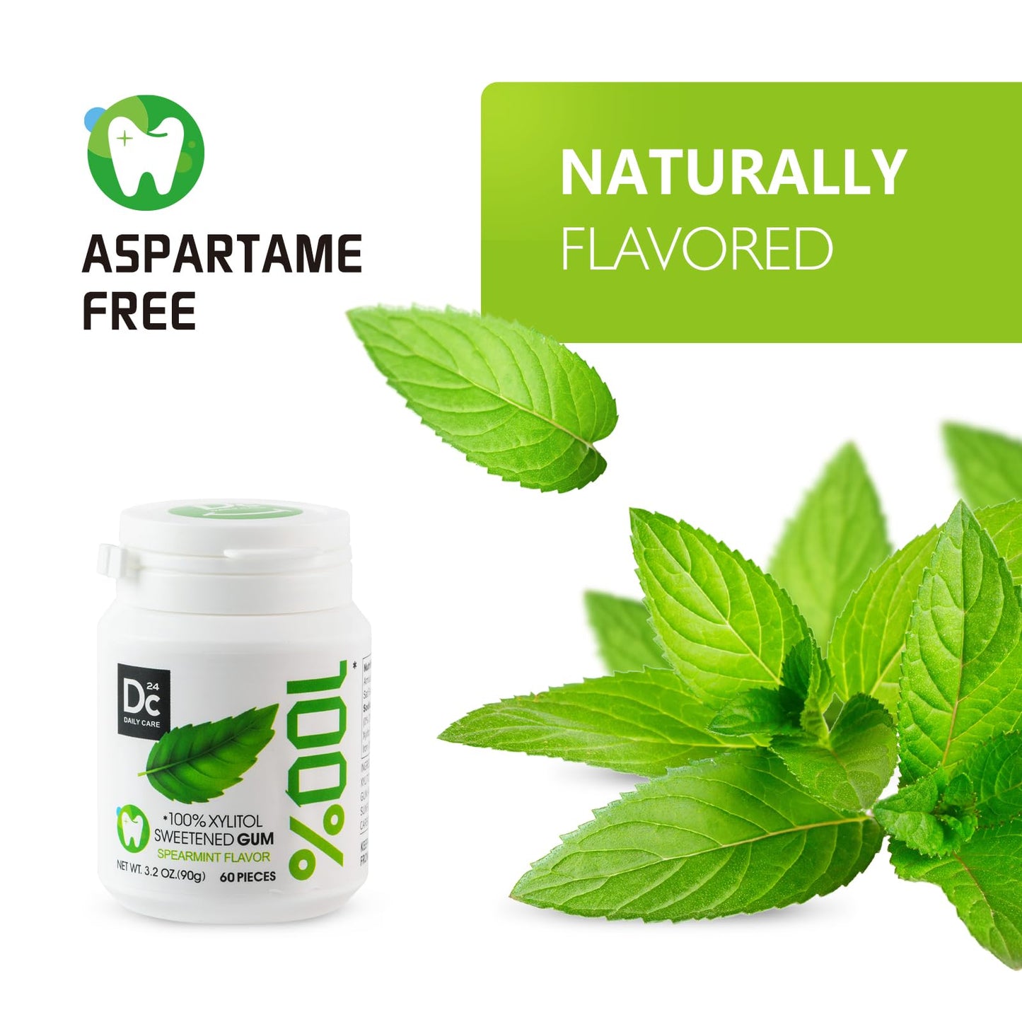 Dc24 Daily Care 100% Xylitol Gum, No Aspartame, Sugar Free Chewing Gum, Natural Spearmint Flavor, Gluten Free, Vegan, 60 Pieces,