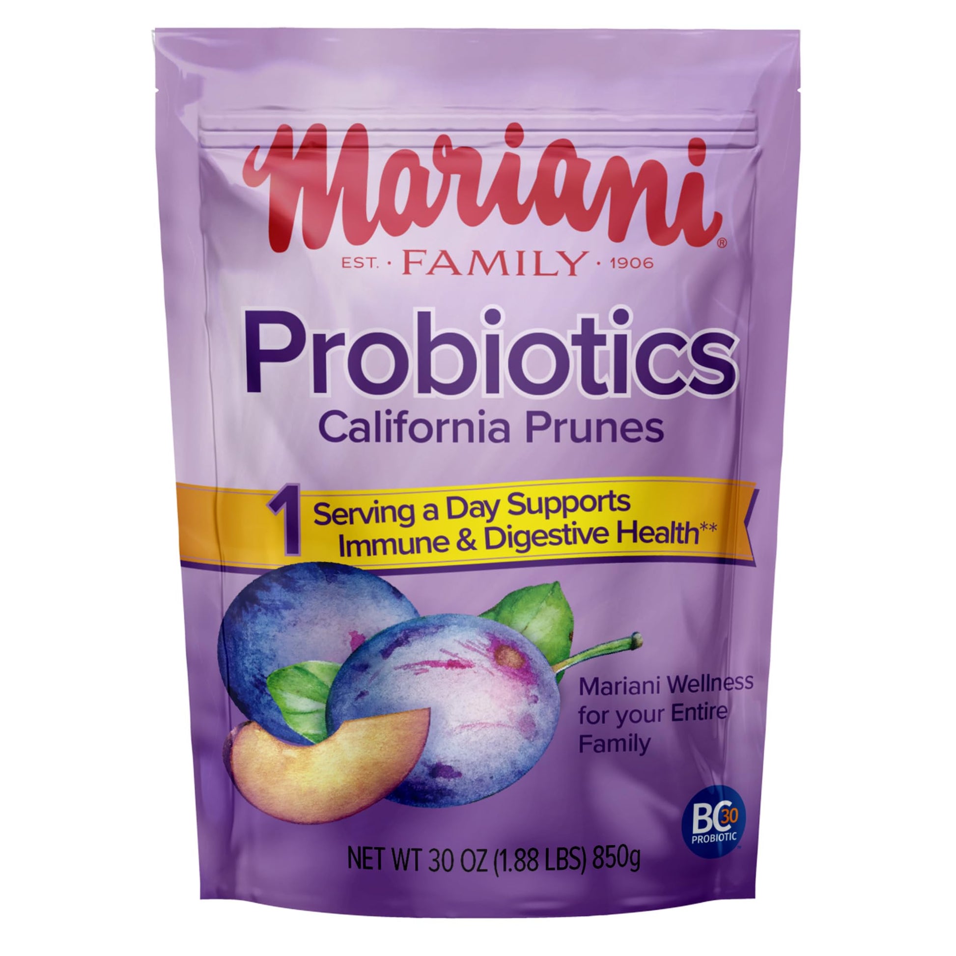 Mariani Probiotic Prunes, 30 Oz - Resealable Bag, Dried Pitted Plums With Ganedenbc30 Probiotic Cultures, High Fiber, Supports D