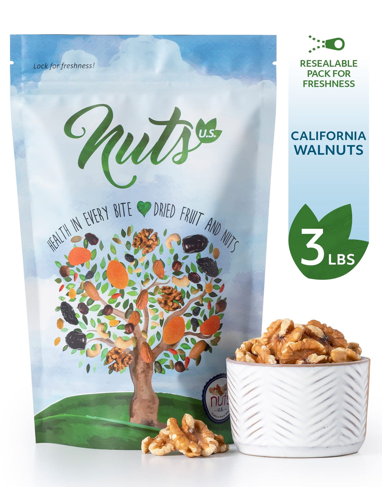 Nuts U.S. – California Walnuts | Shelled Halves And Pieces | Grown And Packed In California | Non-Gmo And Steam Pasteurized | Chandler Variety Raw Walnuts In Resealable Bags!!! (3 Lbs)