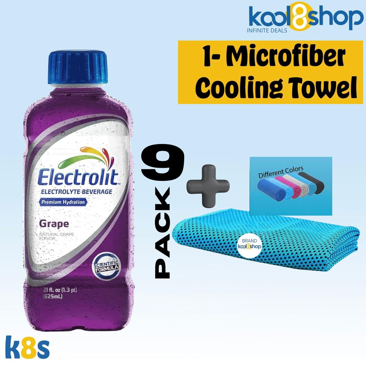 Electrolit Grape Hydration Drink With Electrolytes 21 Fl Oz Plastic Bottles 9 Pack + 1 Microfiber Cooling Towel By Kool8Shop Inf