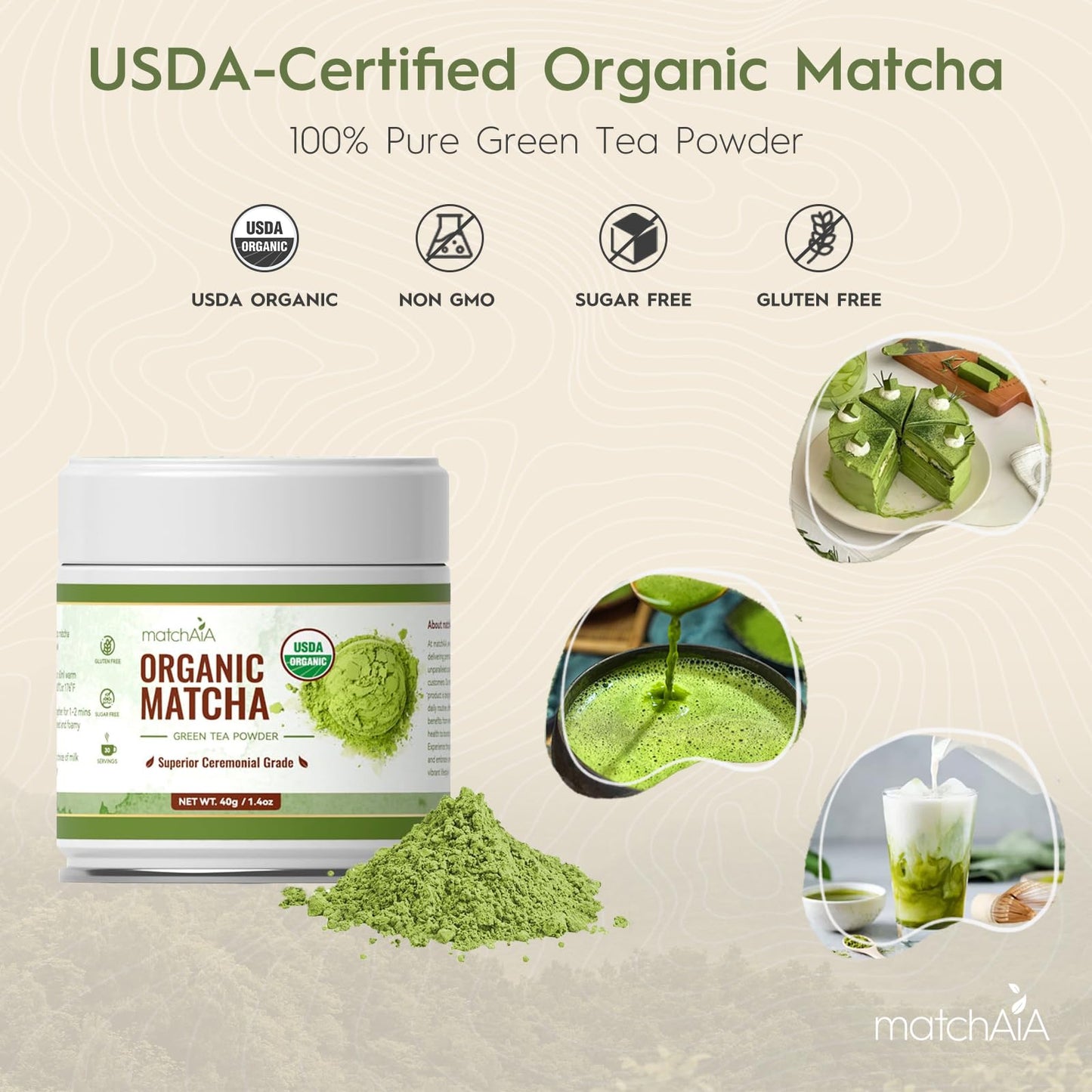 MatchAiA Organic Ceremonial Matcha Green Tea Powder, First Spring Harvest, USDA Certified, 40g Tin, Sugar Free, Gluten Free