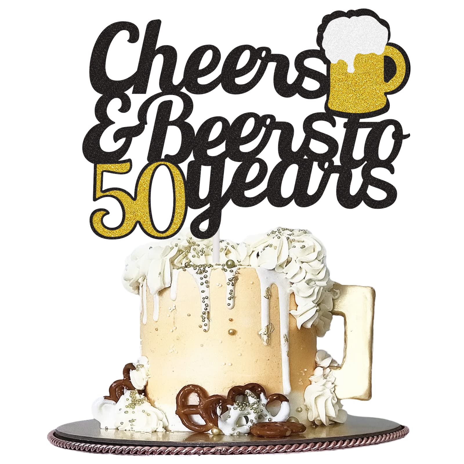 Cheers To 50 Years Cake Topper, Happy 50Th Birthday Cake Topper, 50Th Anniversary Birthday Party Supplies Black And Gold Glitter