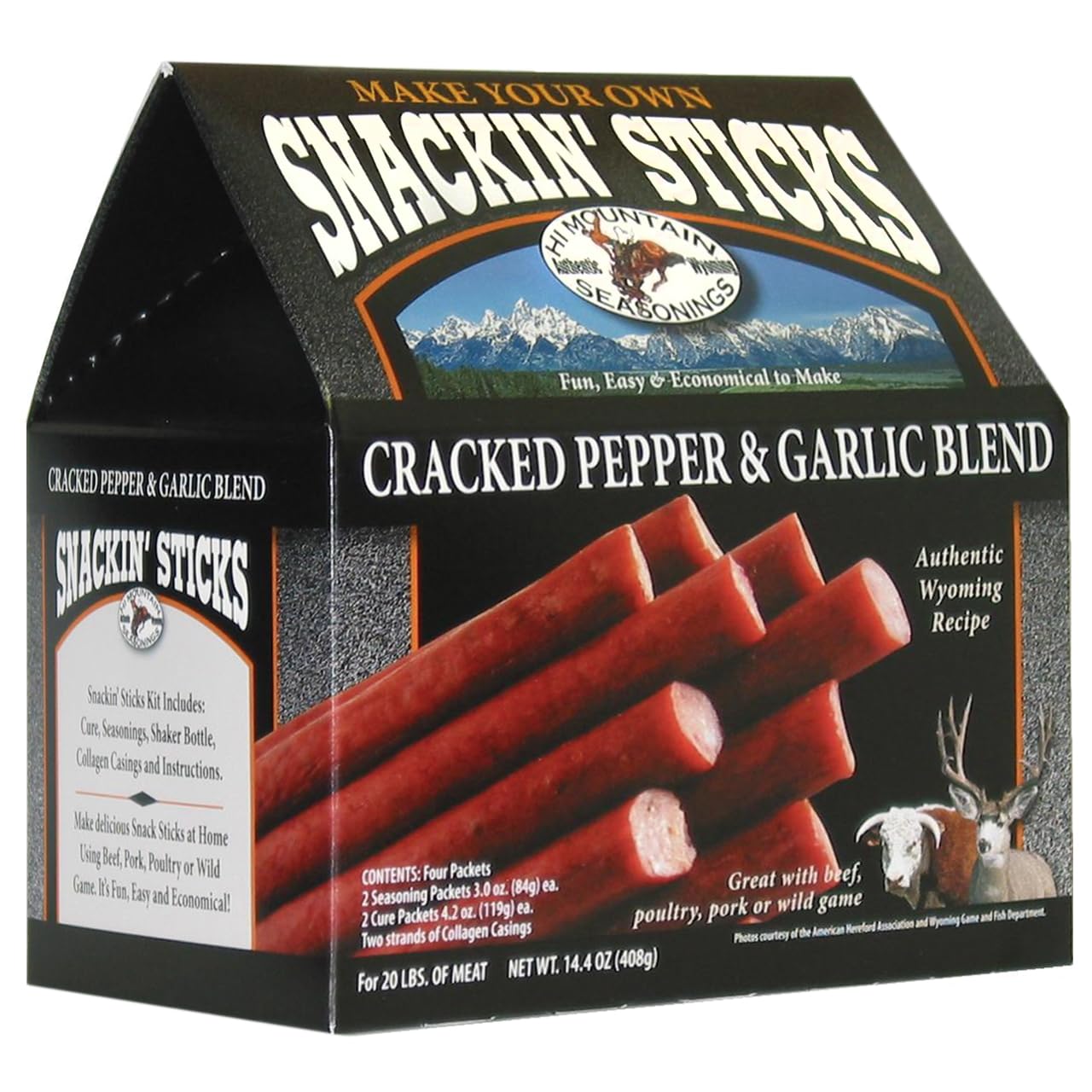 Hi Mountain ǀ Snack Stick Seasoning Kit ǀ Cracked Pepper & Garlic Blend ǀ Includes Seasoning, Cure, Casings, & Directions ǀ Seasons Up To 20Lbs Of Meat ǀ Beef, Pork, Venison, Deer, & Wild Game