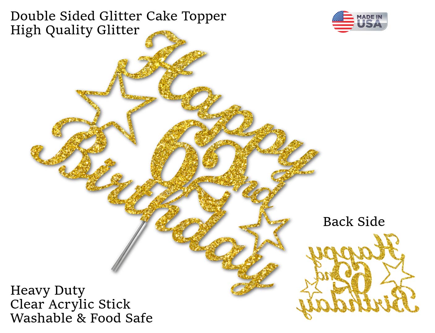 62 Birthday Cake Topper Gold Glitter, Party Decoration Ideas, Premium Quality, Sturdy Doubled Sided Glitter, Acrylic Stick. Made