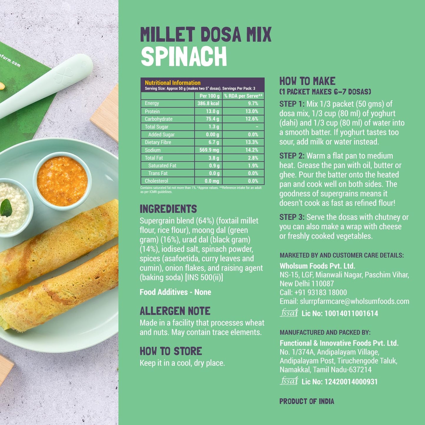 Slurrp Farm Millet Dosa Instant Mix, Supergrains Spinach And Beetroot, Natural And Healthy Food, 150G (Pack Of 2)